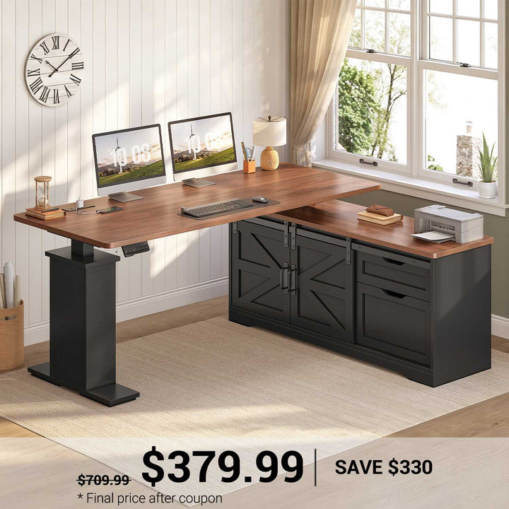 SEDETA 63 Inch Farmhouse L Shaped Executive Standing Desk with Storage Drawers Height Adjustable Corner Office Desk with Storage Power Outlets Sliding Bar Door Sit Stand Computer Desk
