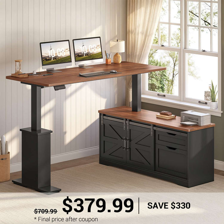 SEDETA 63 Inch Farmhouse L Shaped Executive Standing Desk with Storage Drawers Height Adjustable Corner Office Desk with Storage Power Outlets Sliding Bar Door Sit Stand Computer Desk