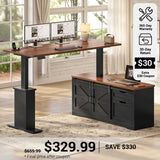 SEDETA® 63 Inch Farmhouse Height Adjustable Executive Standing Desk with Storage Drawers L Shaped Corner Office Desk with Storage Power Outlets Sit Stand Computer Desk with Sliding Bar Door