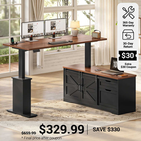 SEDETA® 63 Inch Farmhouse Height Adjustable Executive Standing Desk with Storage Drawers L Shaped Corner Office Desk with Storage Power Outlets Sit Stand Computer Desk with Sliding Bar Door