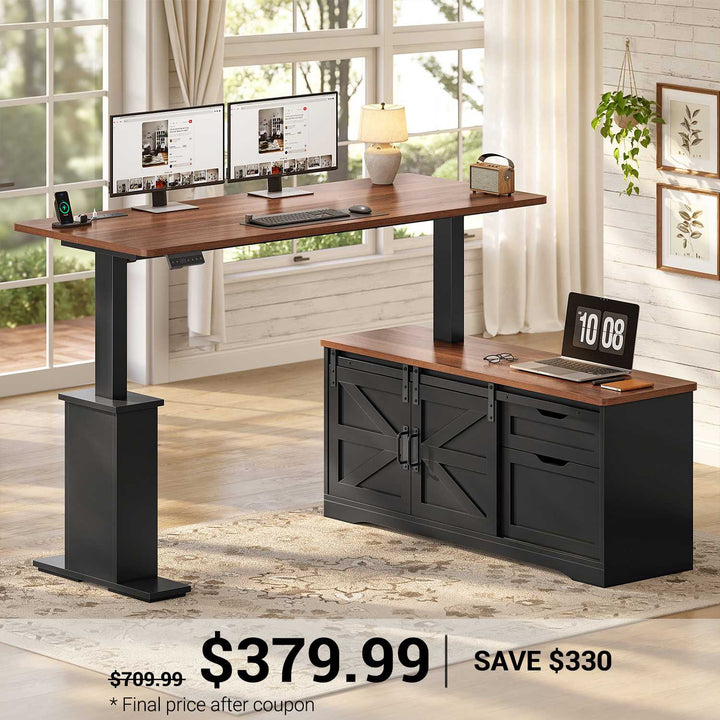 SEDETA 63 Inch Farmhouse L Shaped Executive Standing Desk with Storage Drawers Height Adjustable Corner Office Desk with Storage Power Outlets Sliding Bar Door Sit Stand Computer Desk