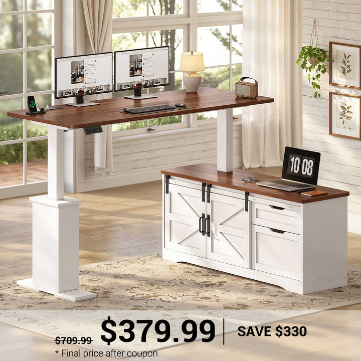 SEDETA 63 Inch Farmhouse L Shaped Executive Standing Desk with Storage Drawers Height Adjustable Corner Office Desk with Storage Power Outlets Sliding Bar Door Sit Stand Computer Desk