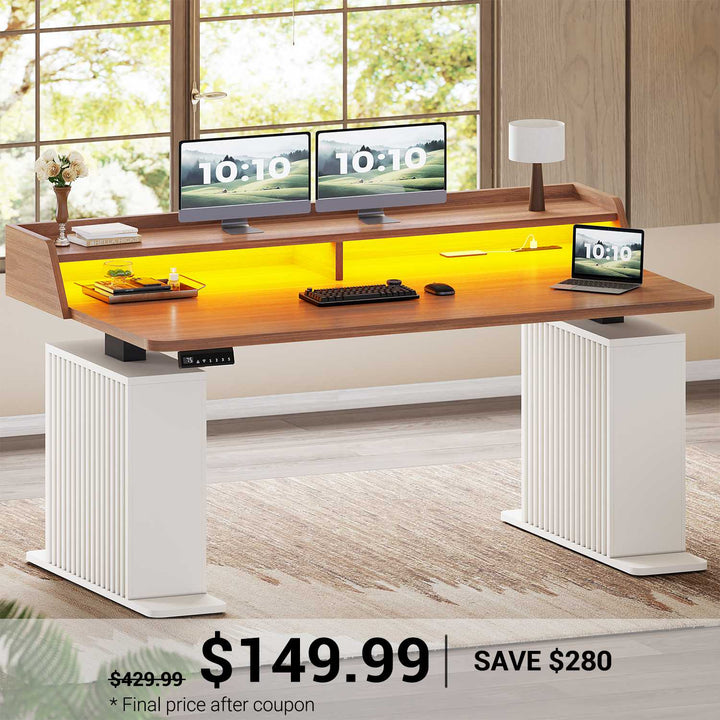 SEDETA | 55 Inch Fluted Height Adjustable Standing Desk Ergonomic Electric Computer Gaming Desk with LED Lights Power Outlets Monitor Shelf