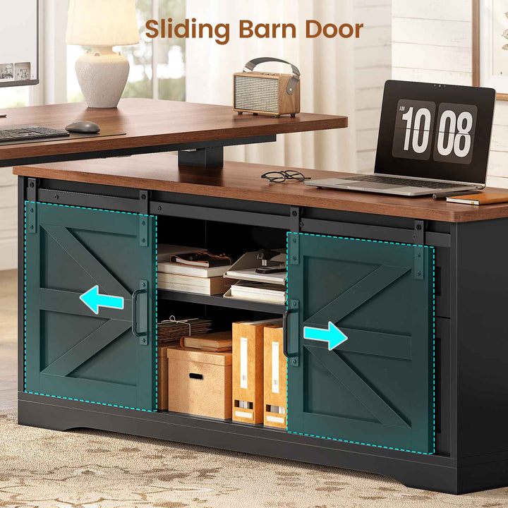 SEDETA 63 Inch Farmhouse L Shaped Executive Standing Desk with Storage Drawers Height Adjustable Corner Office Desk with Storage Power Outlets Sliding Bar Door Sit Stand Computer Desk