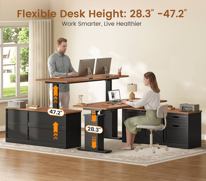 SEDETA 63 Inch Farmhouse L Shaped Executive Standing Desk with Storage Drawers Height Adjustable Corner Office Desk with Storage Power Outlets Sliding Bar Door Sit Stand Computer Desk