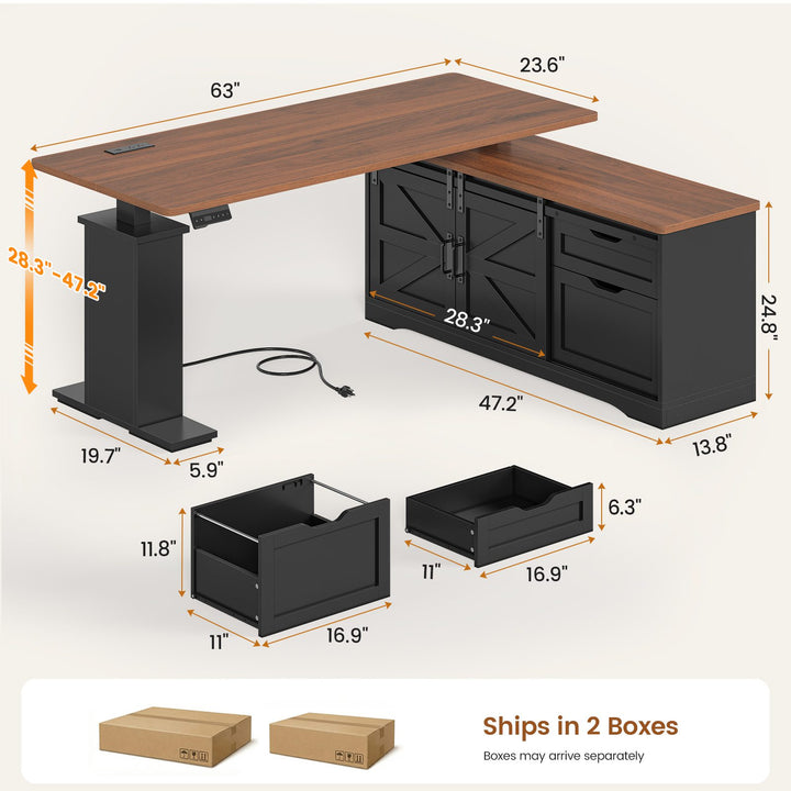 SEDETA 63 Inch Farmhouse L Shaped Executive Standing Desk with Storage Drawers Height Adjustable Corner Office Desk with Storage Power Outlets Sliding Bar Door Sit Stand Computer Desk