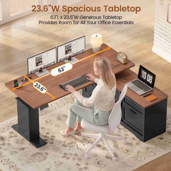 SEDETA 63 Inch Farmhouse L Shaped Executive Standing Desk with Storage Drawers Height Adjustable Corner Office Desk with Storage Power Outlets Sliding Bar Door Sit Stand Computer Desk