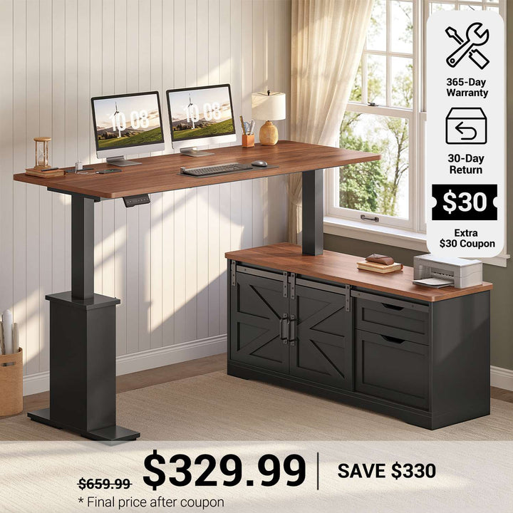 SEDETA® 63 Inch Farmhouse Height Adjustable Executive Standing Desk with Storage Drawers L Shaped Corner Office Desk with Storage Power Outlets Sit Stand Computer Desk with Sliding Bar Door