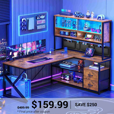 SEDETA | 59 Inch L Shaped Gaming Desk with Glass Display Cabinet & Power Outlet, Super Spacious Corner Computer Table with Storage