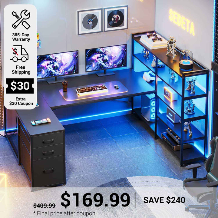 SEDETA 64.5 Inch Office LED Reversible Computer Desk Gaming Desk with Drawer Storage Bookshelf