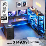 SEDETA® 64.5 Inch Reversible L Shaped Gaming Desk U Shaped Computer Desk with Power Outlet LED Lights and Storage Shelves