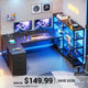 SEDETA® 64.5 Inch Reversible L Shaped Gaming Desk U Shaped Computer Desk with Power Outlet LED Lights and Storage Shelves