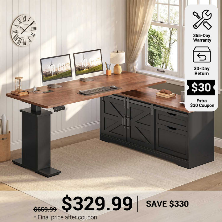SEDETA® 63 Inch Farmhouse Height Adjustable Executive Standing Desk with Storage Drawers L Shaped Corner Office Desk with Storage Power Outlets Sit Stand Computer Desk with Sliding Bar Door