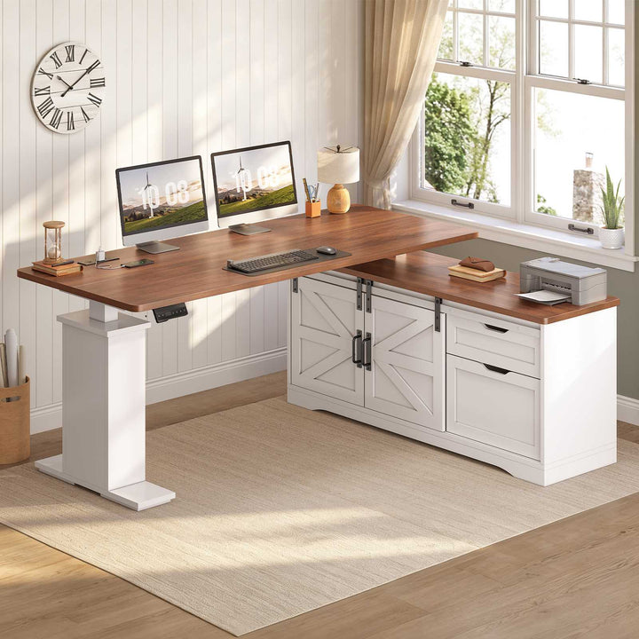 SEDETA 63 Inch Farmhouse L Shaped Executive Standing Desk with Storage Drawers Height Adjustable Corner Office Desk with Storage Power Outlets Sliding Bar Door Sit Stand Computer Desk