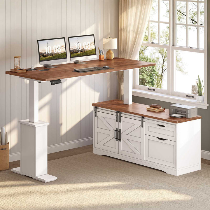 SEDETA 63 Inch Farmhouse L Shaped Executive Standing Desk with Storage Drawers Height Adjustable Corner Office Desk with Storage Power Outlets Sliding Bar Door Sit Stand Computer Desk