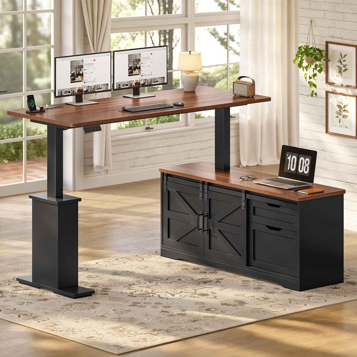 SEDETA 63 Inch Farmhouse L Shaped Executive Standing Desk with Storage Drawers Height Adjustable Corner Office Desk with Storage Power Outlets Sliding Bar Door Sit Stand Computer Desk