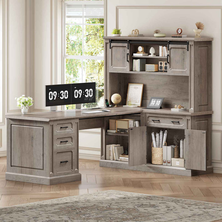 SEDETA 67 Inch Farmhouse L Shaped Computer Desk Executive Home Office Desks with 4 Drawers Storage Cabinet Sliding Doors Power Outlet Hutch