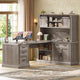 SEDETA 67 Inch Farmhouse L Shaped Computer Desk Executive Home Office Desks with 4 Drawers Storage Cabinet Sliding Doors Power Outlet Hutch