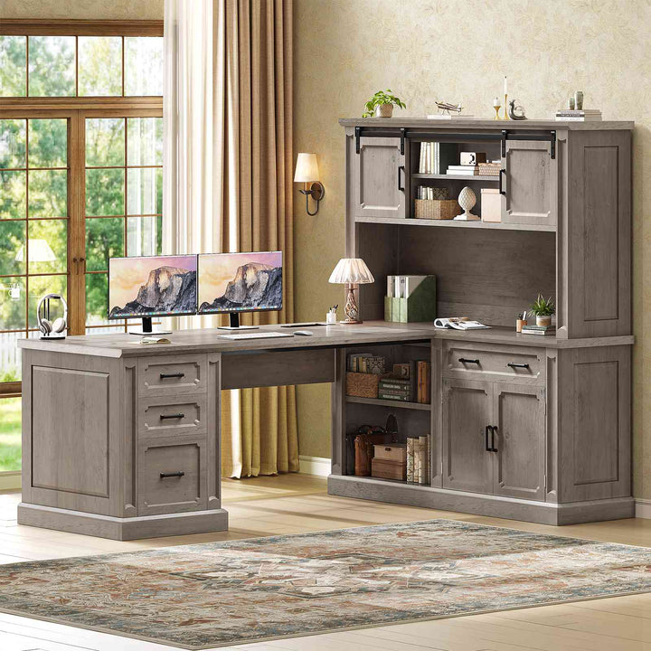 SEDETA 67 Inch Farmhouse L Shaped Computer Desk Executive Home Office Desks with 4 Drawers Storage Cabinet Sliding Doors Power Outlet Hutch