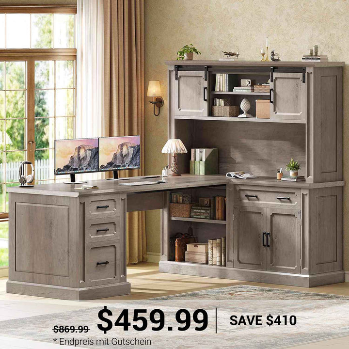 SEDETA 67 Inch Farmhouse L Shaped Computer Desk Executive Home Office Desks with 4 Drawers Storage Cabinet Sliding Doors Power Outlet Hutch