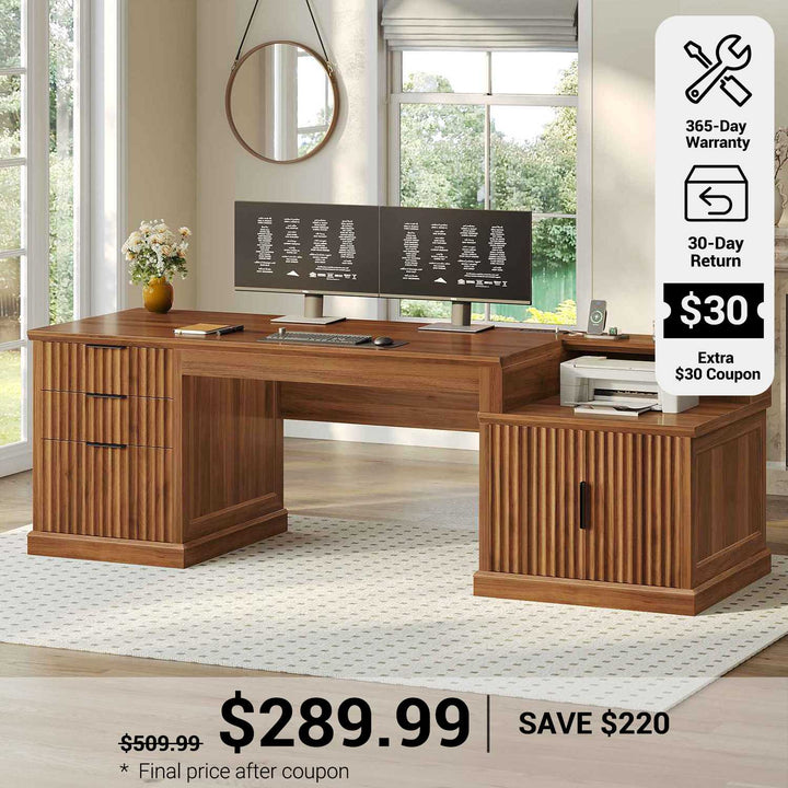 SEDETA® 70.9 Inch Fluted Executive Desk with 3 Drawers Power Outlet Fluted Computer Desk with Storage Cabinet for Home Office