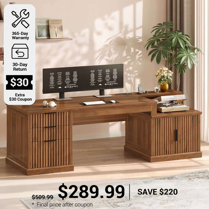 SEDETA® 70.9 Inch Fluted Executive Desk with 3 Drawers Power Outlet Fluted Computer Desk with Storage Cabinet for Home Office
