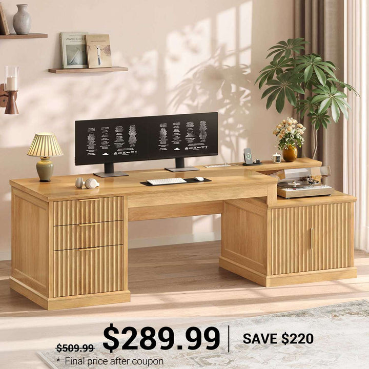 SEDETA® 70.9 Inch Fluted Executive Desk with 3 Drawers Power Outlet Fluted Computer Desk with Storage Cabinet for Home Office