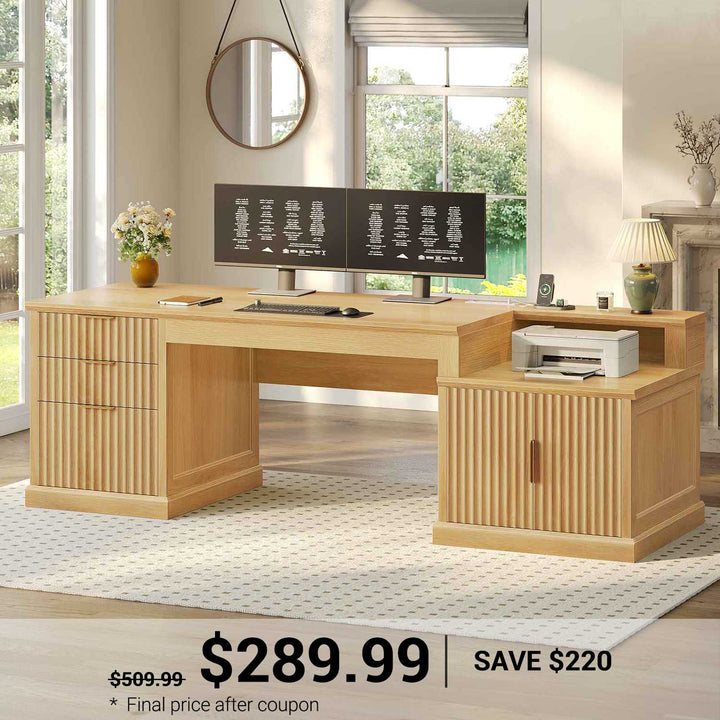 SEDETA® 70.9 Inch Fluted Executive Desk with 3 Drawers Power Outlet Fluted Computer Desk with Storage Cabinet for Home Office