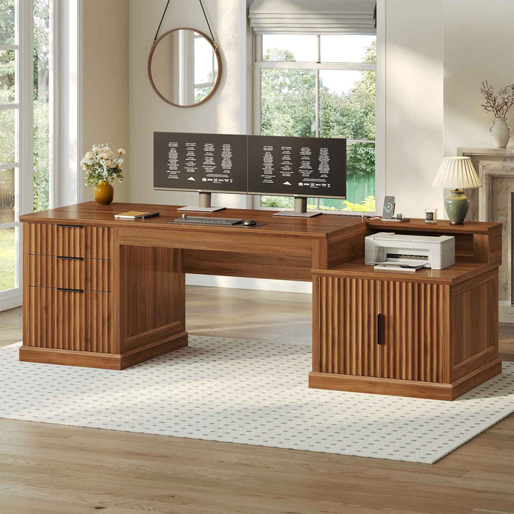 SEDETA 70.9 Inch Fluted Office Desk with Drawers Fluted Computer Desk with Power Outlet for Home Office Executive Desk with File Drawers and Storage Cabinet
