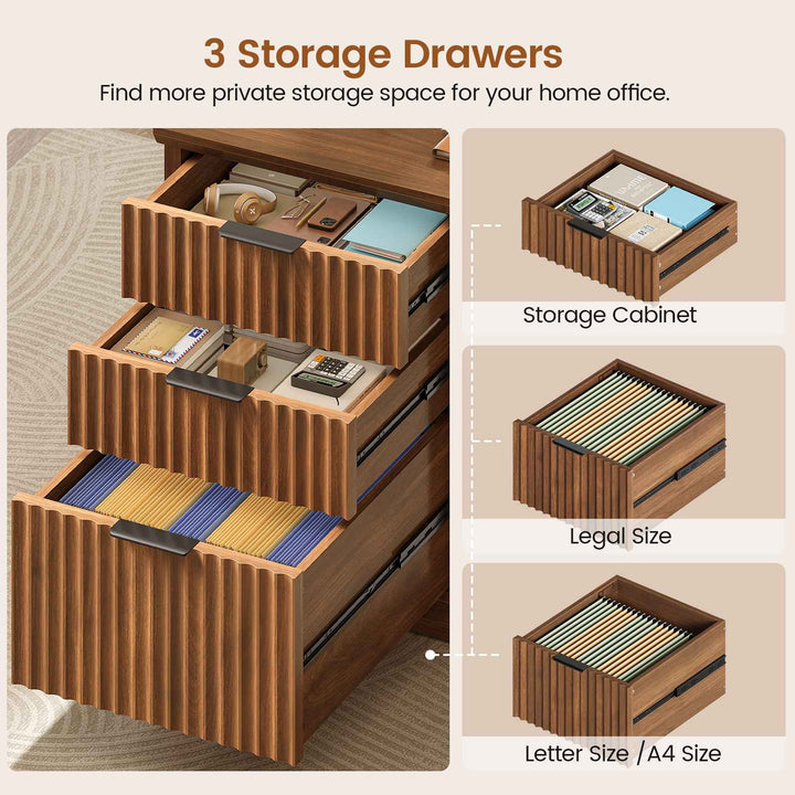 SEDETA 70.9 Inch Fluted Office Desk with Drawers Fluted Computer Desk with Power Outlet for Home Office Executive Desk with File Drawers and Storage Cabinet
