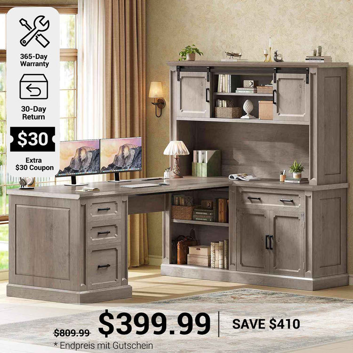 SEDETA® 67 Inch Farmhouse Computer Desk L Shaped Executive Home Office Desks with Sliding Doors 4 Drawer Power Outlet Storage Cabinet Hutch