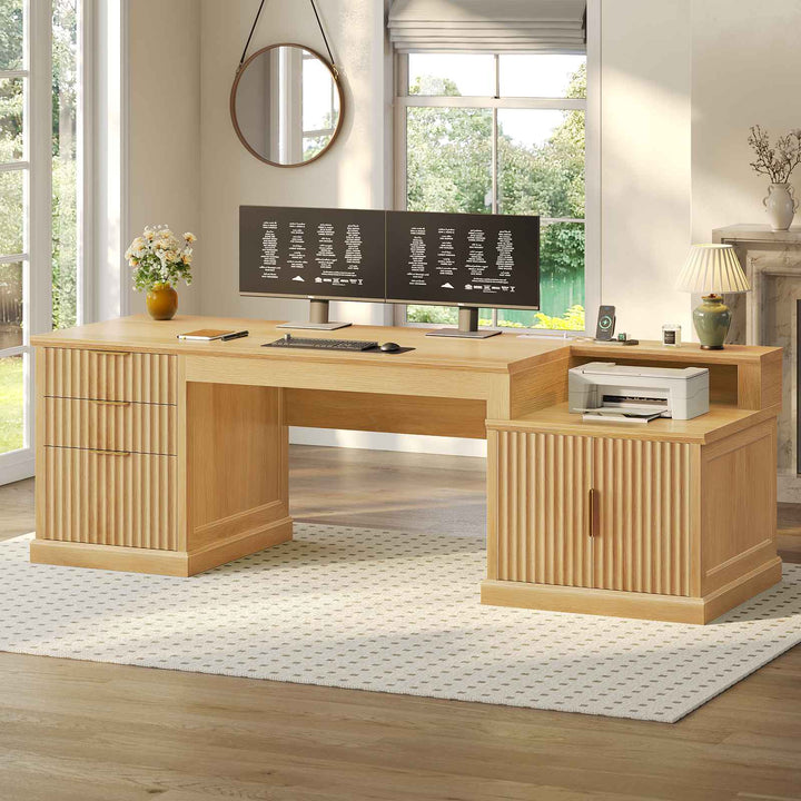 SEDETA 70.9 Inch Fluted Office Desk with Drawers Fluted Computer Desk with Power Outlet for Home Office Executive Desk with File Drawers and Storage Cabinet