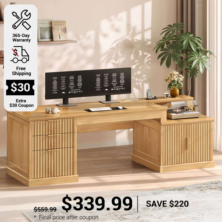 SEDETA 70.9 Inch Fluted Office Desk with Drawers Fluted Computer Desk with Power Outlet for Home Office Executive Desk with File Drawers and Storage Cabinet