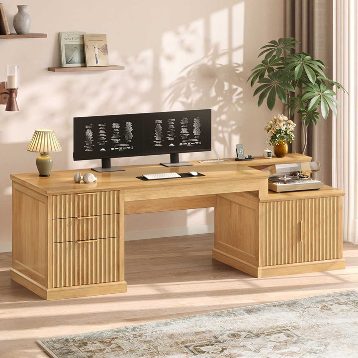 SEDETA 70.9 Inch Fluted Office Desk with Drawers Fluted Computer Desk with Power Outlet for Home Office Executive Desk with File Drawers and Storage Cabinet