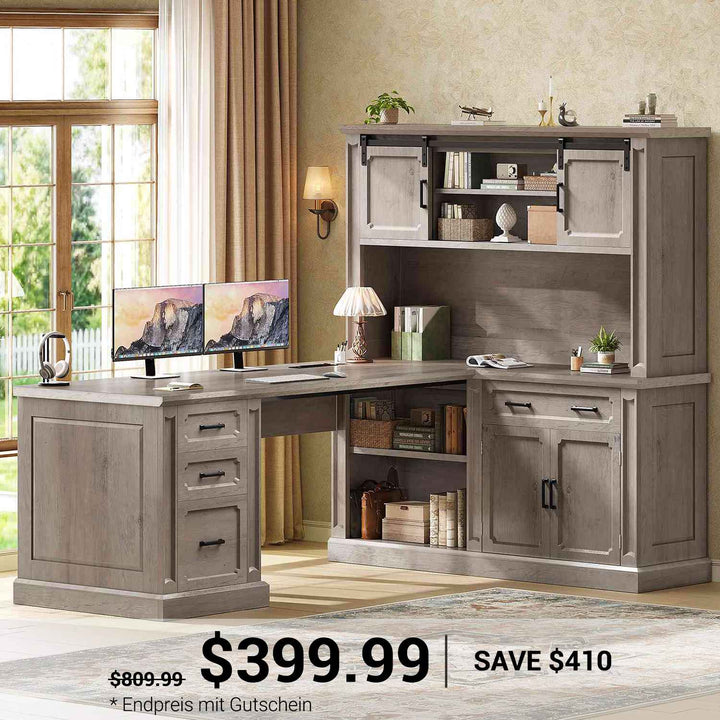 SEDETA® 67 Inch Farmhouse Computer Desk L Shaped Executive Home Office Desks with Sliding Doors 4 Drawer Power Outlet Storage Cabinet Hutch