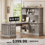 SEDETA | 67 Inch Farmhouse L Shaped Corner Computer Desk with Hutch & Sliding Doors, Executive Home Office Desk, 4 Drawers, Cabinet, Outlets