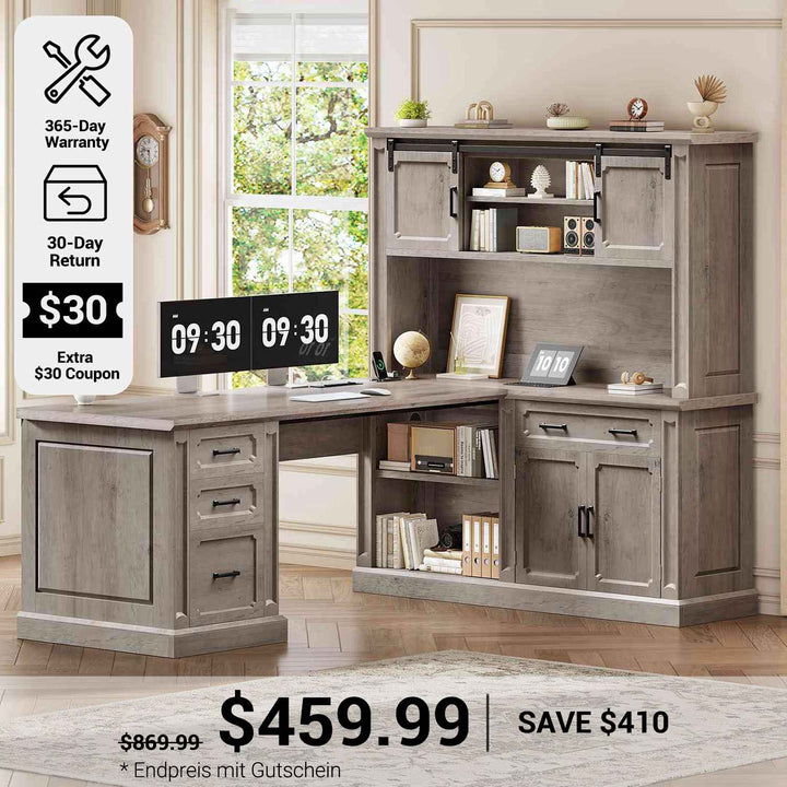 SEDETA 67 Inch Farmhouse L Shaped Computer Desk Executive Home Office Desks with 4 Drawers Storage Cabinet Sliding Doors Power Outlet Hutch
