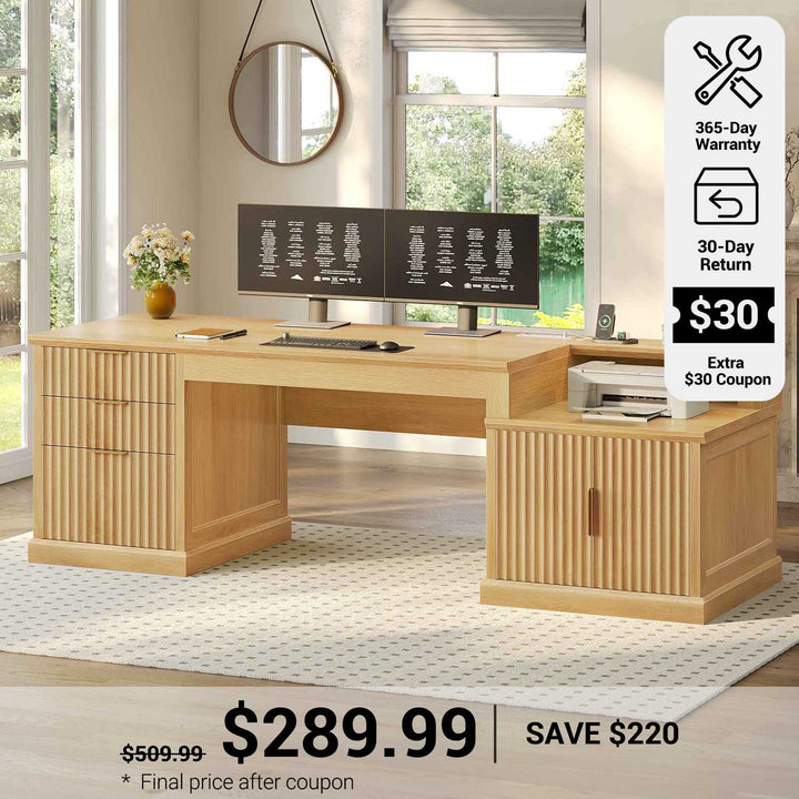 SEDETA® 70.9 Inch Fluted Executive Desk with 3 Drawers Power Outlet Fluted Computer Desk with Storage Cabinet for Home Office