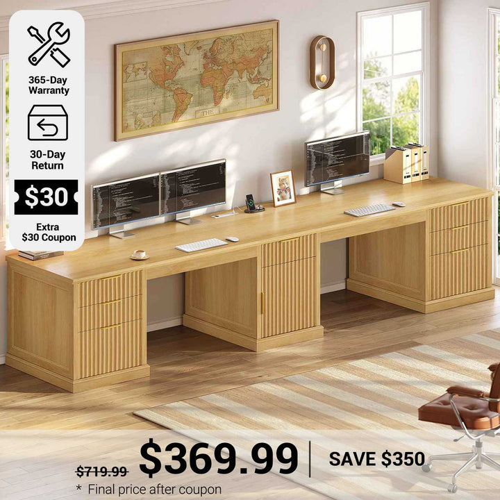 SEDETA® 110.3 Inch Fluted Two Person Desk with 7 Drawers Power Outlets Fluted Long Computer Desk with Storage Cabinet