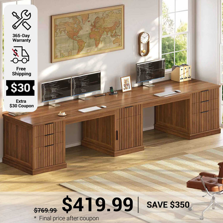 SEDETA 110.3 Inch Fluted Two Person Desk with 7 Drawers Fluted Long Computer Desk with Storage Cabinet 2 Person Desk with Power Outlets