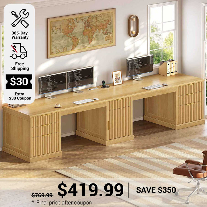 SEDETA 110.3 Inch Fluted Two Person Desk with 7 Drawers Fluted Long Computer Desk with Storage Cabinet 2 Person Desk with Power Outlets