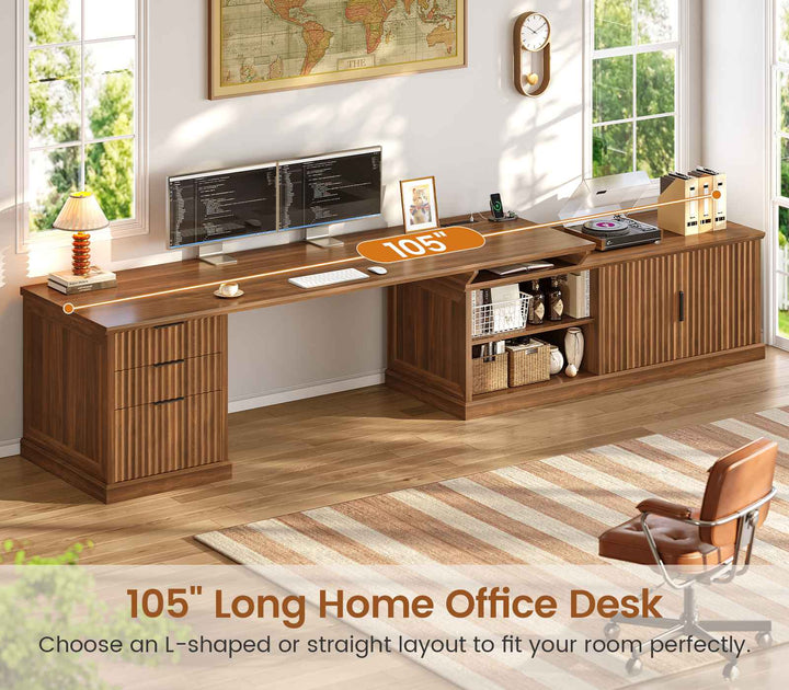 SEDETA | 70.9 Inch Fluted  L Shaped Computer Desk with Power Outlet Home Office Desk with Storage Cabinet and Storage Shelves L Shaped Desk with Drawers