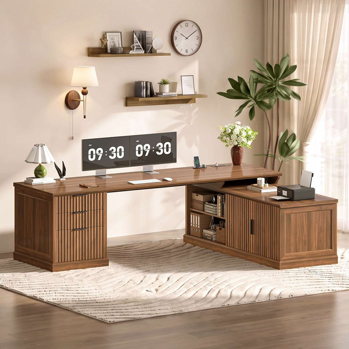 SEDETA | 70.9 Inch Fluted  L Shaped Computer Desk with Power Outlet Home Office Desk with Storage Cabinet and Storage Shelves L Shaped Desk with Drawers