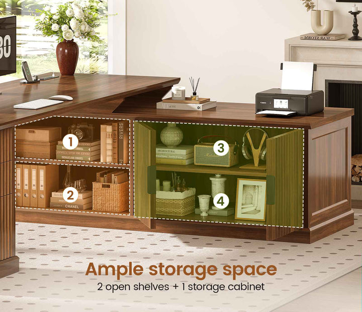 SEDETA | 70.9 Inch Fluted  L Shaped Computer Desk with Power Outlet Home Office Desk with Storage Cabinet and Storage Shelves L Shaped Desk with Drawers