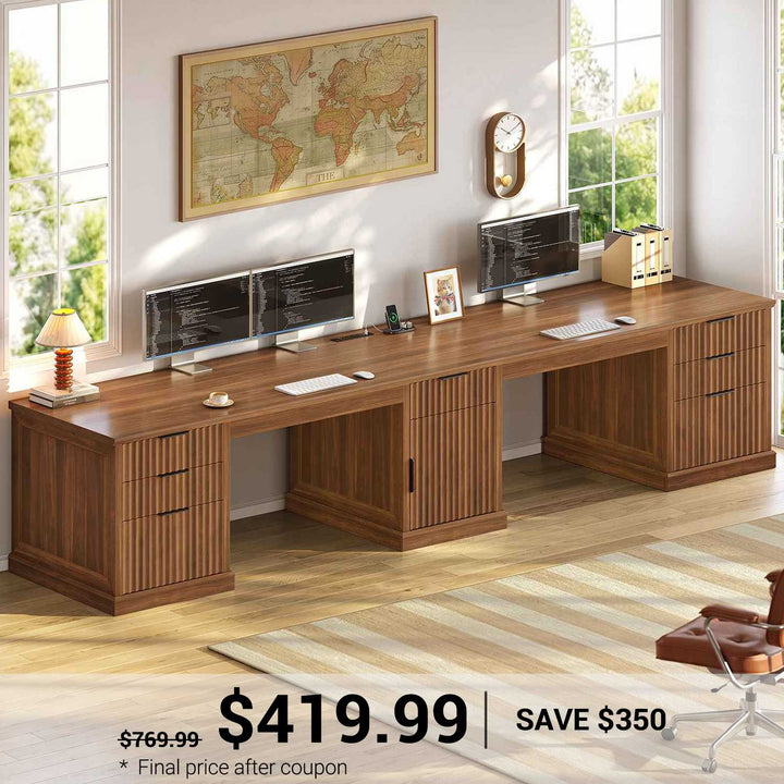 SEDETA 110.3 Inch Fluted Two Person Desk with 7 Drawers Fluted Long Computer Desk with Storage Cabinet 2 Person Desk with Power Outlets