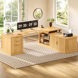 SEDETA | 70.9 Inch Fluted  L Shaped Computer Desk with Power Outlet Home Office Desk with Storage Cabinet and Storage Shelves L Shaped Desk with Drawers