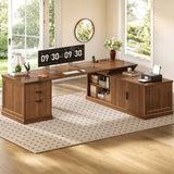 SEDETA® 70.9 Inch Fluted Home Office Desk with Storage Cabinet and Storage Shelves L Shaped Desk with Drawers L Shaped Computer Desk with Power Outlet
