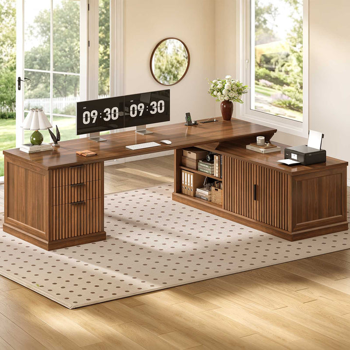 SEDETA | 70.9 Inch Fluted  L Shaped Computer Desk with Power Outlet Home Office Desk with Storage Cabinet and Storage Shelves L Shaped Desk with Drawers