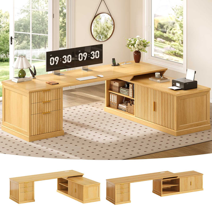 SEDETA | 70.9 Inch Fluted  L Shaped Computer Desk with Power Outlet Home Office Desk with Storage Cabinet and Storage Shelves L Shaped Desk with Drawers