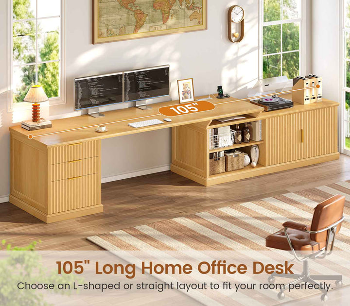 SEDETA | 70.9 Inch Fluted  L Shaped Computer Desk with Power Outlet Home Office Desk with Storage Cabinet and Storage Shelves L Shaped Desk with Drawers